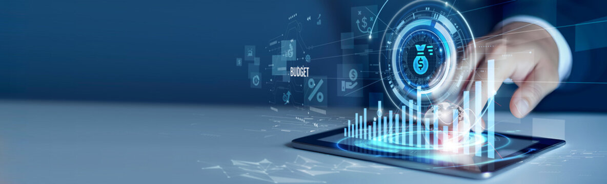 Businessmen use the tab analyzing budget and financial data. Financial planning dashboard, cost management, expense tracking, corporate finance, business forecasting