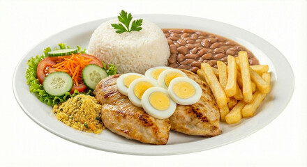 Brazilian executive plate (PF) with grilled chicken breast fillet steak, white rice, beans, French fries, boiled eggs, and fresh salad. Image on white background, ideal for menus, advertising, and gas
