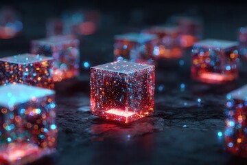 Glowing digital cubes with bokeh lights