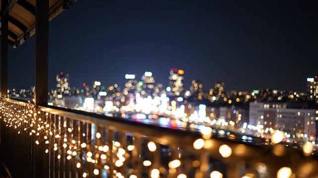 City skyline with lights shining at night from balcony in high-rise building, christmas background