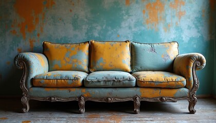 Old couch with faded paint layers sits against textured blue, orange wall. Antique furniture piece worn cushions, ornate carved legs, showing signs of age. Seating empty, looks like could restored