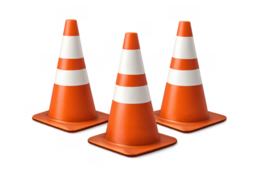 Three orange traffic cones marking danger, caution, road work, and construction ahead, with safety warning