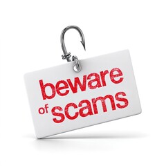A white tag with "beware of scams" in red, hooked by a fishing hook, symbolizing caution against fraud.