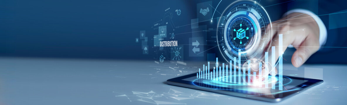 Businessmen use the tab analyzing distribution and supply data. Logistics analytics dashboard, supply chain management, delivery optimization, business operations