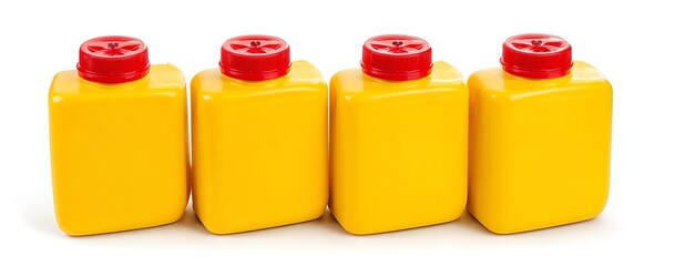 Four identical yellow square plastic bottles with red caps lined up neatly on a clean white background in a studio shot.