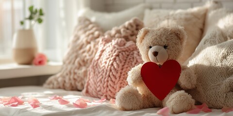 Teddy bear on bed holding red heart-shaped card, surrounded by soft pillows and petals. Cozy room bathed in gentle light.