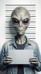 An alien figure stands before a height chart holding a blank sign. The setting has a clean look with plain colors and lines. The alien holds a serious expression while looking straight ahead