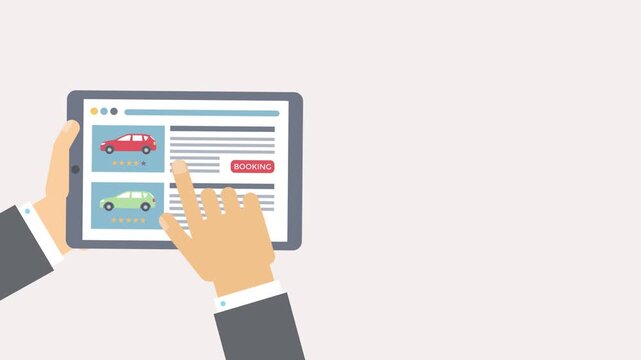 Person booking a car online using a tablet Keywords: car, booking, online, tablet, technology