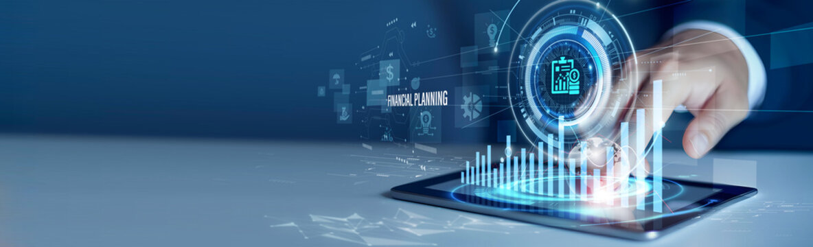 Businessmen use the tab analyzing financial planning and budget data. Wealth management dashboard, financial forecasting, investment strategy, personal finance analytics