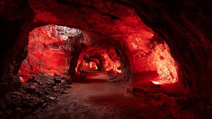 Lava tube cave glowing red rock walls