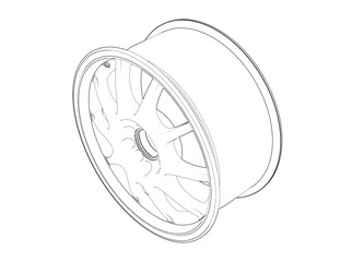 Automotive Wheel Rim Technical Drawing: Monochrome Blueprint Wireframe Outline of a Custom Sport Car Rim Design Rendering. Ideal for CAD Engineering Drafting Projects and Digital Illustrations.