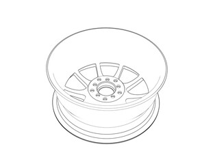 Automotive Wheel Rim Technical Drawing: Monochrome Blueprint Wireframe Outline of a Custom Sport Car Rim Design Rendering. Ideal for CAD Engineering Drafting Projects and Digital Illustrations.
