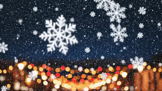 Snowflakes fall gently over city lights during winter night in December, christmas background