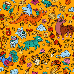 Animals of the Chinese zodiac. Seamless pattern with Eastern astrology. Bright doodle backdrop for teenagers and small children. Funny zodiac sign. Symbols of prosperity for the New Year