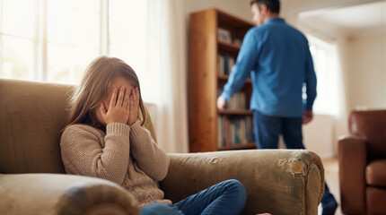 A child sits on a couch with hands over her face as an adult stands nearby, facing away. The scene takes place in a living room with light coming through windows