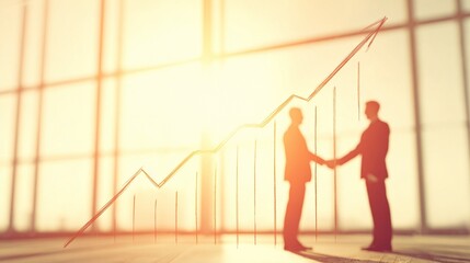 celebrating business success two professionals shaking hands in front of a chart showing growth and progress