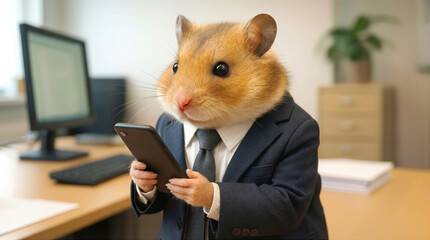 A hamster stands upright in a small office space, wearing a suit and holding a smartphone. The desk has a computer and paperwork, indicating a busy work environment