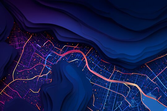 Abstract neon data network visualization with layered blue and purple waves and glowing streets