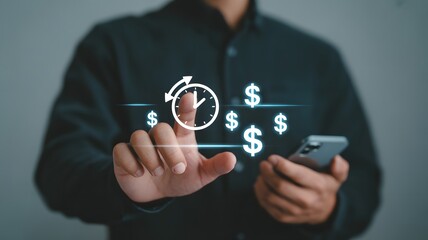 Time is money or time management concept, businessman touching clock and money icon on virtual screen for business time management. work planning increases efficiency and reduces work time.