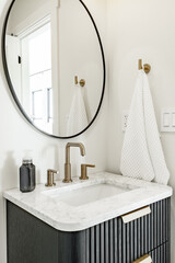 Bright modern bathroom primary powder room sink glass wall shower free standing bath tub white marble granite houseplant rectangle round mirror towel bathrobe clean contemporary