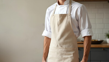 Man wears light brown linen apron over white chef shirt. Kitchen background, cook prepares food. Simple apparel for culinary work, baker work, or cafe service.