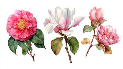 Obraz premium Watercolor Floral Illustration Set Featuring Hand-Painted Pink, Red, and White Flowers with Green Leaves on White Background for Botanical Design
