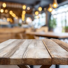 Empty wooden table top displays in modern restaurant with retro style and warm tones in blurred background