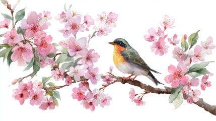 Watercolor Bird on Cherry Blossom Branch with Pink Flowers and Green Leaves, Elegant Spring Nature Illustration for Decorative Design