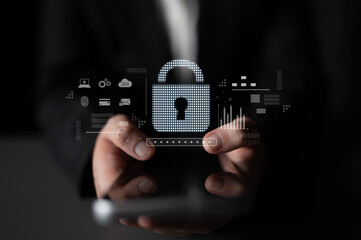 Cybersecurity protection system showing password encryption, fingerprint ID, cloud security, email, credit card, and database lock for secure data access Latch