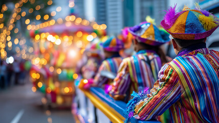 Fototapeta premium Vibrant carnival parade with colorful floats and performers faceless, celebrates heritage with music and dance, cultural celebration, defocused crowd, with copy space