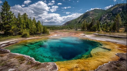 Vibrant Geothermal Hot Spring with Colorful Mineral Deposits, Rising Steam, and Forest Landscape under Partly Cloudy Sky in Natural Setting