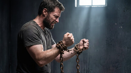A man stands in a dark room with chains on his wrists, showing effort and emotion. Light comes through a small window, highlighting his tense expression and struggle