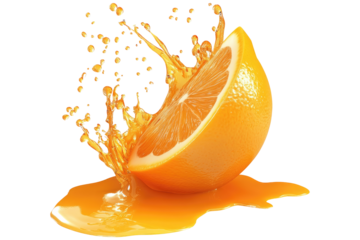 Orange juice splash with sliced oranges Vibrant Orange Juice Splash, Cut-out, Isolated on Transparent Background Fresh ripe slice of orange fruit with juice splash, isolated on transparent background.