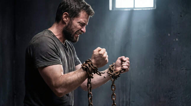 A man stands in a dark room with chains on his wrists, showing effort and emotion. Light comes through a small window, highlighting his tense expression and struggle
