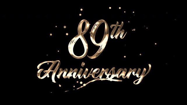 89th anniversary text animation in golden metallic effect. suitable for celebrating special occasions, invitations, anniversary cards and social media. Includes alpha channel for any background.