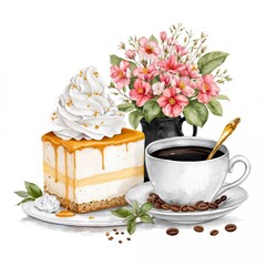Dessert with caramel cheesecake and coffee served with flowers in a black vase on a white background
