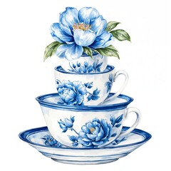Watercolor illustration of stacked vintage blue and white porcelain teacups with blooming flowers, classic floral pottery design, isolated on white background.