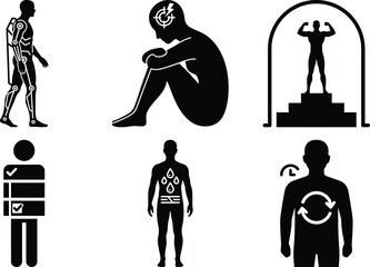 Biohacking Performance & Optimization Icons Bundle � Nutrition Control, Posture, Recovery Cycle, Sensory Optimization, Signal Alignment