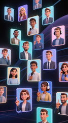 Group of cartoon characters in a virtual meeting. Each person has a unique expression and outfit. They appear to be engaged in conversation or listening to discussions