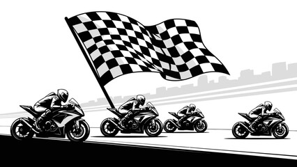 Dynamic black and white illustration of a motorcycle race with riders speeding past a large checkered flag on a track. © Joyo