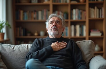 Fototapeta premium Older man sits on sofa in room, feeling unwell. His hand rests on chest, showing discomfort. He looks up with pained expression, possibly due to illness.