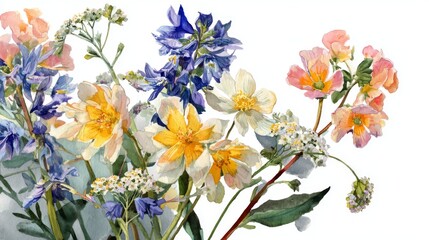 Obraz premium Watercolor painting of blooming multicolored flowers with green stems and leaves, vibrant floral illustration in soft artistic style