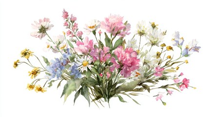 Watercolor painting of blooming multicolored flowers with green stems and leaves, vibrant floral illustration in soft artistic style