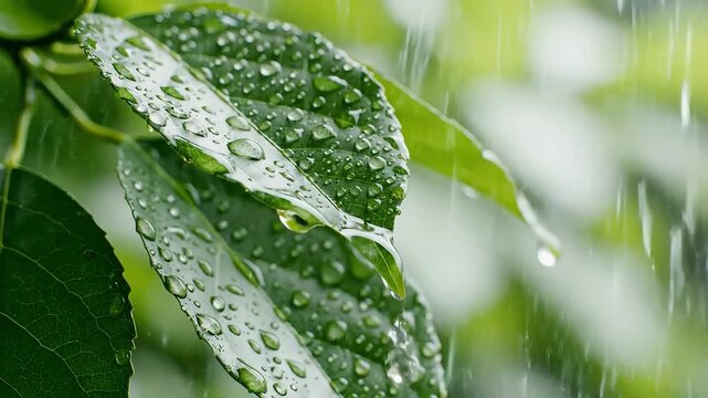 Close up of green leaves with raindrops falling during a gentle rain shower.