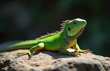Fototapeta premium Green crested lizard basks on rock. Reptile reptile scales gleam, showing intricate skin texture. Wildlife scene in natural habitat. Animal rests on stone.