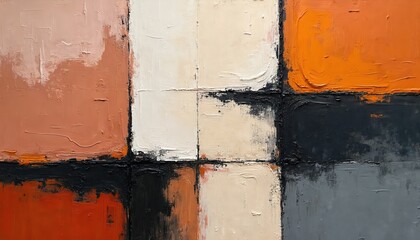 Abstract textured background with thick oil paint strokes. Geometric blocks of orange, cream, black, and gray hues create a modern art composition. Rough surface texture visible.