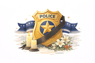 A police badge with a black ribbon and flowers in a memorial setting