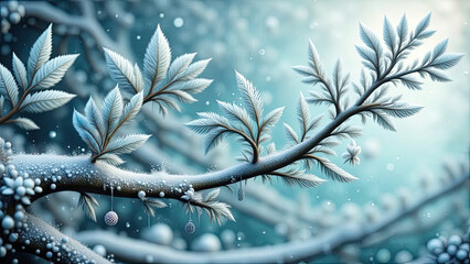 A snow covered branch with white crystal clear snowflakes and leaves