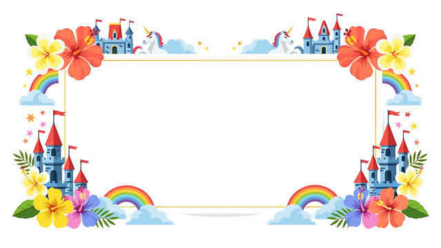 Decorative frame with castles, unicorns, rainbows, and tropical flowers on a white background.