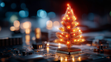 Cybernetic holiday tree glowing with fiery red light on complex electronic motherboard, tech celebration, digital festivity, defocused components, with copy space